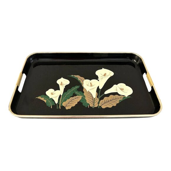 1970s Japanese Black Lacquerware Peace Lily Tray - Picture 1 of 5